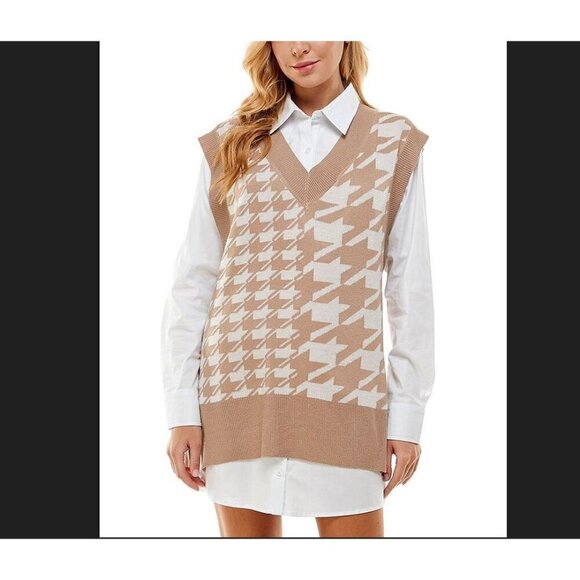 Kingston Grey Sweaters - Kingston Grey Tunic Sweater Vest sz L Houndstooth Khaki White 90s Y2K Preppy